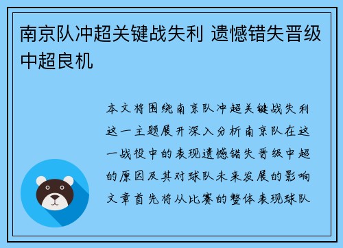 南京队冲超关键战失利 遗憾错失晋级中超良机